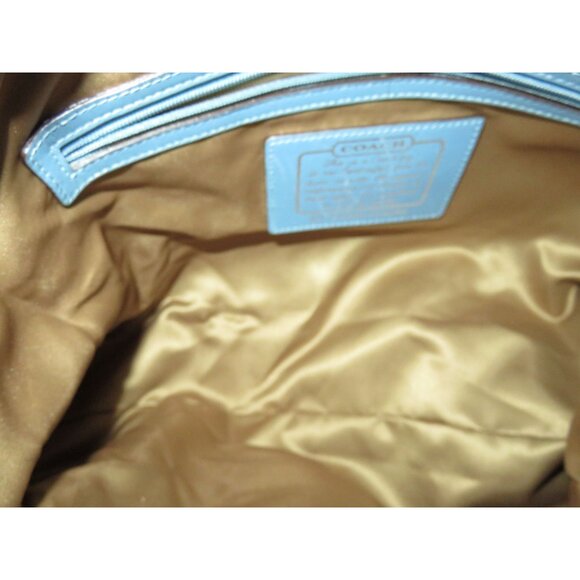 Coach 2009 Cursive Creed Khaki & Blue Jacquard Frame Kisslock Carryall Satchel - Picture 9 of 12